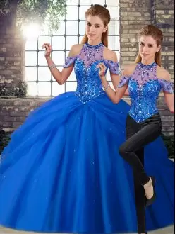 Hot Selling Blue Lace Up Halter Top Beading and Pick Ups 15 Quinceanera Dress Tulle Sleeveless Brush Train