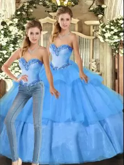 Floor Length Baby Blue Sweet 16 Dresses Organza Sleeveless Beading and Ruffled Layers