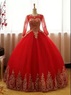 Beautiful Red Scoop Long Sleeves Quinceanera Dress with Gold Appliques Under 200