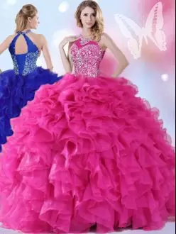 Sleeveless Organza Floor Length Lace Up Sweet 16 Dresses in Hot Pink with Beading and Ruffles