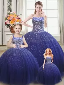 Best Selling Royal Blue Ball Gowns Beading Quinceanera Gowns Lace Up Tulle Sleeveless Floor Length