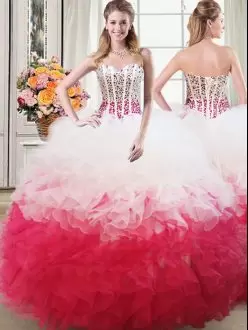 Sleeveless Organza Floor Length Lace Up Quinceanera Dress in Pink And White with Beading and Ruffles