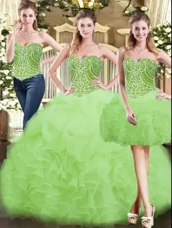 Graceful Yellow Green Sleeveless Organza Lace Up Quince Ball Gowns for Military Ball and Sweet 16 and Quinceanera