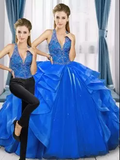 Perfect Ball Gowns Sweet 16 Dress Royal Blue Halter Top Organza Sleeveless Floor Length Lace Up