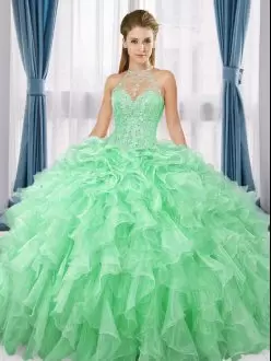 Decent Beading and Ruffles Quinceanera Dresses Apple Green Lace Up Sleeveless Floor Length
