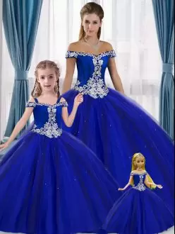 Latest Floor Length Royal Blue Sweet 16 Dress Off The Shoulder Sleeveless Lace Up