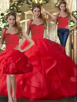 Floor Length Red 15 Quinceanera Dress Tulle Sleeveless Ruffles