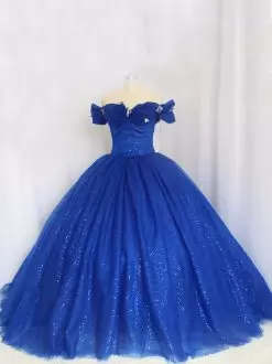 Ball Gowns 15 Quinceanera Dress Royal Blue Off The Shoulder Tulle Cap Sleeves Floor Length Lace Up