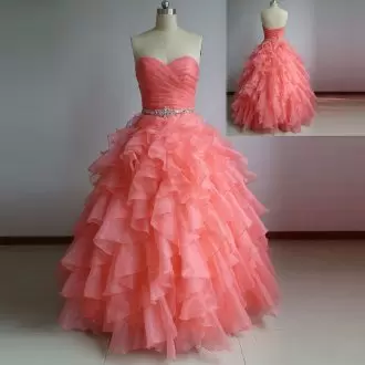 Simple Coral Red Elegant Organza Ruffles Sweet 16 Quinceanera Dress