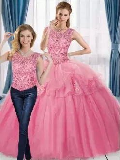 Scoop Sleeveless Quinceanera Gowns Pink Tulle Beading