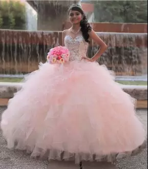 Nice Sleeveless Organza Floor Length Lace Up 15 Quinceanera Dress in Pink with Beading and Ruffles