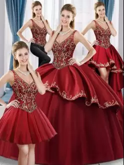 Red Ball Gowns V-neck Sleeveless Satin and Tulle Floor Length Sweep Train Lace Up Beading and Embroidery Sweet 16 Dress