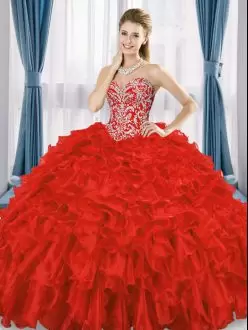 Discount Ball Gowns Quinceanera Gown Red Sweetheart Organza Sleeveless Floor Length Lace Up