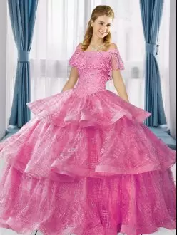 Modern Rose Pink Sequined Lace Up Off The Shoulder Short Sleeves Floor Length Sweet 16 Quinceanera Dress Beading and Ruffled Layers