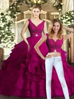 Modest Fuchsia Two Pieces Beading and Ruffles 15 Quinceanera Dress Backless Organza Sleeveless Floor Length