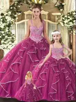 Simple Fuchsia Quince Ball Gowns Military Ball and Sweet 16 and Quinceanera with Beading and Ruffles Straps Sleeveless Lace Up