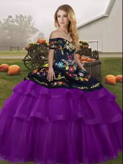Attractive Brush Train Ball Gowns Ball Gown Prom Dress Black And Purple Off The Shoulder Tulle Sleeveless Lace Up