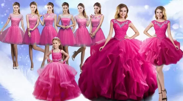 Traditional Organza Scoop Sleeveless Lace Up Beading and Ruffles Quinceanera Dress in Fuchsia