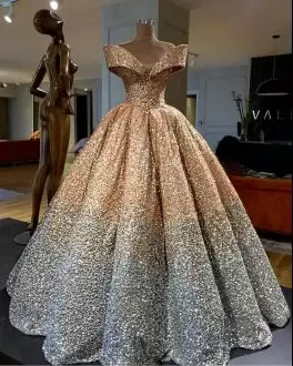 Glamorous Ball Gowns Quinceanera Dresses Champagne Off The Shoulder Sequined Sleeveless Floor Length Lace Up