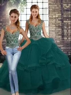 Beautiful Peacock Green Straps Lace Up Beading and Ruffles Vestidos de Quinceanera Sleeveless