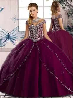 High Quality Sweetheart Cap Sleeves Brush Train Lace Up 15 Quinceanera Dress Purple Tulle Beading