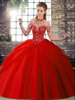 Red Halter Top Lace Up Beading and Pick Ups Quinceanera Gown Brush Train Sleeveless