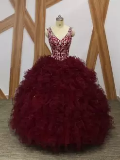 Extravagant Floor Length Backless 15th Birthday Dress Burgundy for Military Ball and Sweet 16 and Quinceanera with Beading and Ruffles