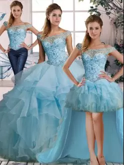 Floor Length Light Blue Quince Ball Gowns Organza Sleeveless Beading and Ruffles