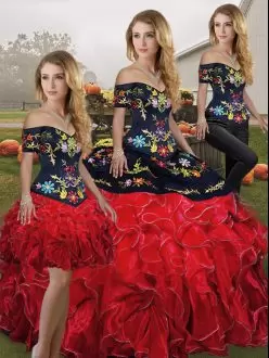 Fashionable Organza Off The Shoulder Sleeveless Lace Up Embroidery and Ruffles Quinceanera Gown in Red And Black