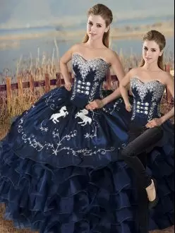 Satin and Organza Sweetheart Sleeveless Lace Up Embroidery and Ruffles Quinceanera Gowns in Navy Blue
