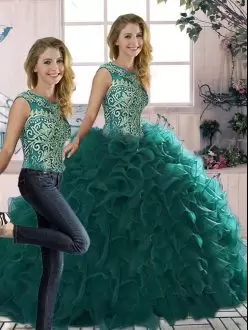 Peacock Green Two Pieces Organza Scoop Sleeveless Beading and Ruffles Floor Length Lace Up Quince Ball Gowns