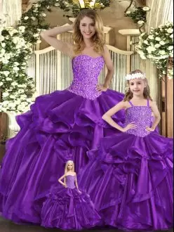 Glorious Purple Vestidos de Quinceanera Military Ball and Sweet 16 and Quinceanera with Beading and Ruffles Sweetheart Sleeveless Lace Up