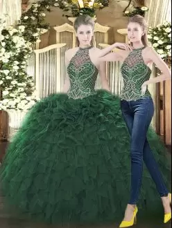 Sumptuous Beading and Ruffles Ball Gown Prom Dress Dark Green Lace Up Sleeveless Floor Length