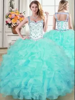 Unique Aqua Blue Ball Gown Prom Dress Military Ball and Sweet 16 and Quinceanera with Beading and Lace and Ruffles Straps Sleeveless Lace Up