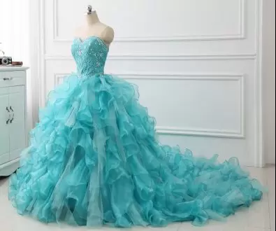 Modern Beading and Ruffles Quinceanera Gown Aqua Blue Lace Up Sleeveless With Train Court Train