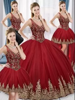 Floor Length Lace Up Quinceanera Dresses Red for Sweet 16 and Quinceanera with Beading and Embroidery