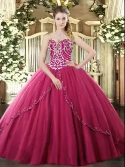 Stylish Hot Pink Sweet 16 Dresses Military Ball and Sweet 16 and Quinceanera with Beading Sweetheart Sleeveless Brush Train Lace Up