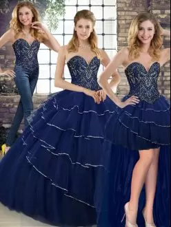 Brush Train Three Pieces 15 Quinceanera Dress Navy Blue Sweetheart Tulle Sleeveless Lace Up
