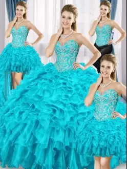 Stunning Aqua Blue Sleeveless Beading and Ruffles Floor Length Ball Gown Prom Dress