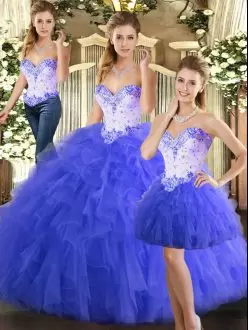 Traditional Sleeveless Tulle Floor Length Lace Up 15th Birthday Dress in Blue with Beading and Ruffles