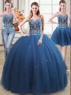 Fantastic Sweetheart Sleeveless Lace Up Quinceanera Gown Teal Tulle Beading