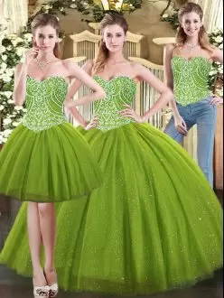 Olive Green Sleeveless Floor Length Beading Lace Up Quinceanera Gowns Sweetheart