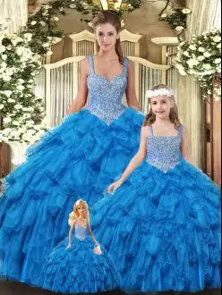 Latest Teal Ball Gowns Tulle Scoop Sleeveless Beading and Ruffles Floor Length Lace Up Quinceanera Gowns