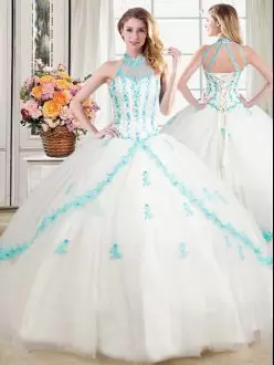 Ball Gowns 15 Quinceanera Dress White Halter Top Tulle Sleeveless Floor Length Lace Up