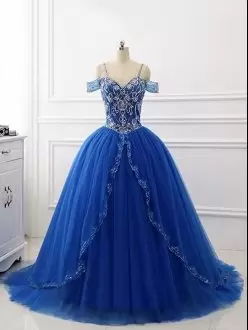 Custom Made Sleeveless Tulle Brush Train Lace Up Quince Ball Gowns in Royal Blue with Beading