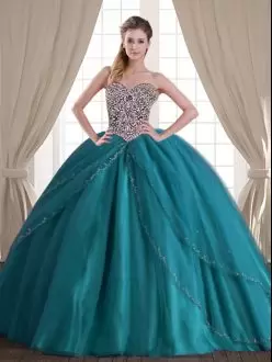 With Train Teal 15 Quinceanera Dress Sweetheart Sleeveless Brush Train Lace Up