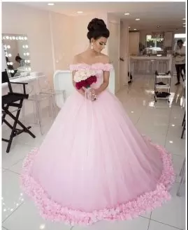 Artistic Off The Shoulder Sleeveless Tulle Sweet 16 Dress Hand Made Flower Brush Train Lace Up