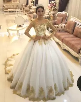 White and Gold Long Sleeves Quinceanera Dress with Chapel Train Wedding Gown