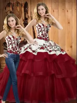 Sleeveless Embroidery Lace Up Quince Ball Gowns with Wine Red Sweep Train