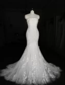 Fantastic White Clasp Handle Strapless Appliques Wedding Dresses Sleeveless Court Train